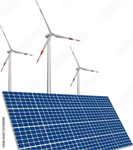 illustration of solar panels, wind turbines