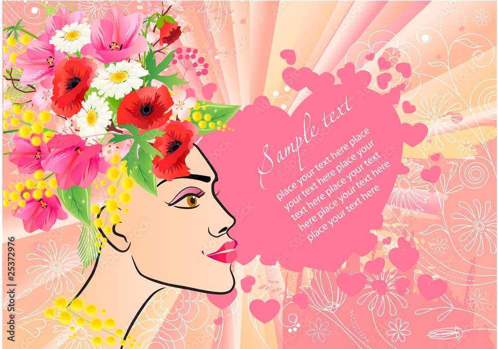 Floral greeting card with woman and heart Floral greeting card with woman and heart