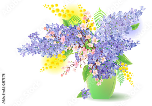 Bunch of lilac, blossoming tree and mimosa
