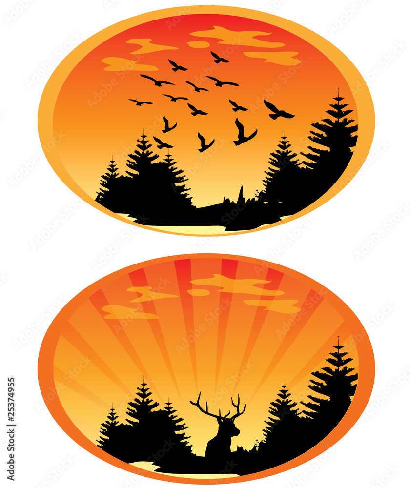 Sunset Illustrations (Deer & Birds)