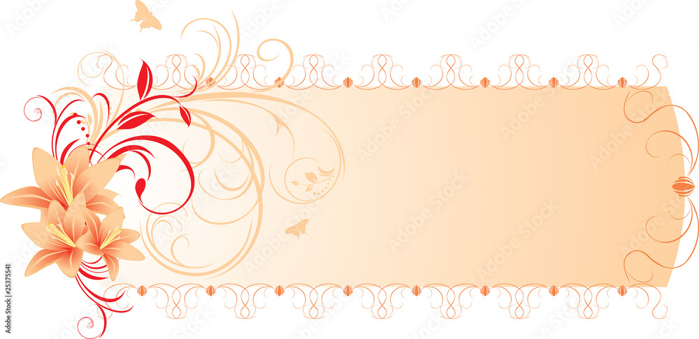 Lilies with floral ornament. Banner. Vector