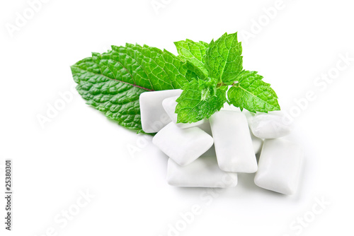 Chewing gum and mint, isolated on white