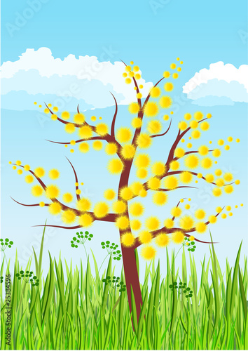 Stylized blossoming tree on green grass