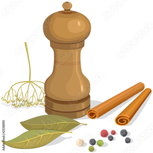 Pepper shakers, bay leaf, dill, cinnamon