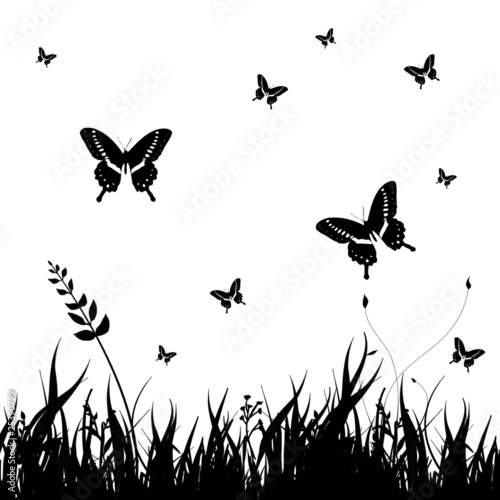 grass silhouettes background with Butterflies