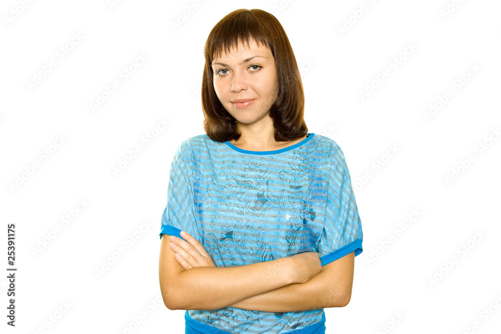 Young woman on white background. Сrossed hands Young woman on white background. Сrossed hands