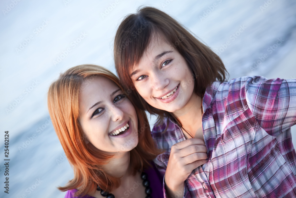 Obraz premium Closeup portrait of two happy girls on the beach
