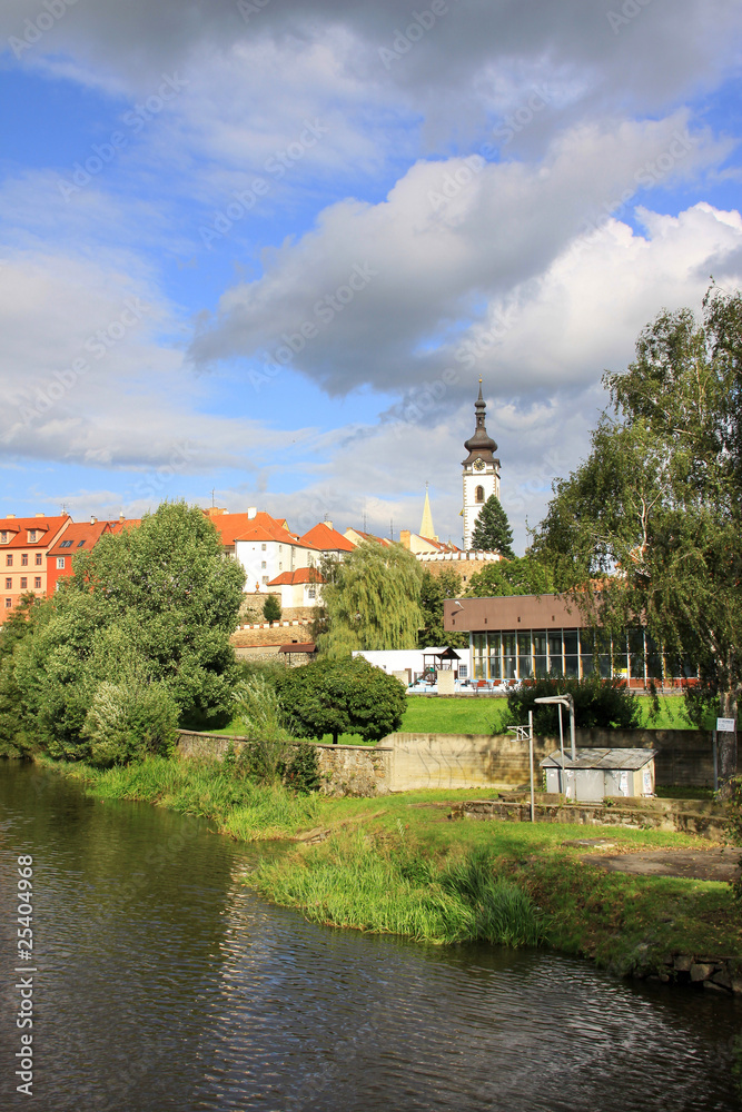 Obraz premium Medieval town Pisek in Czech with gothic deanery Church