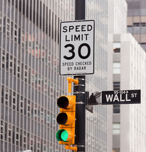 Wall Street road sign in the corner of New York Stock Exchange