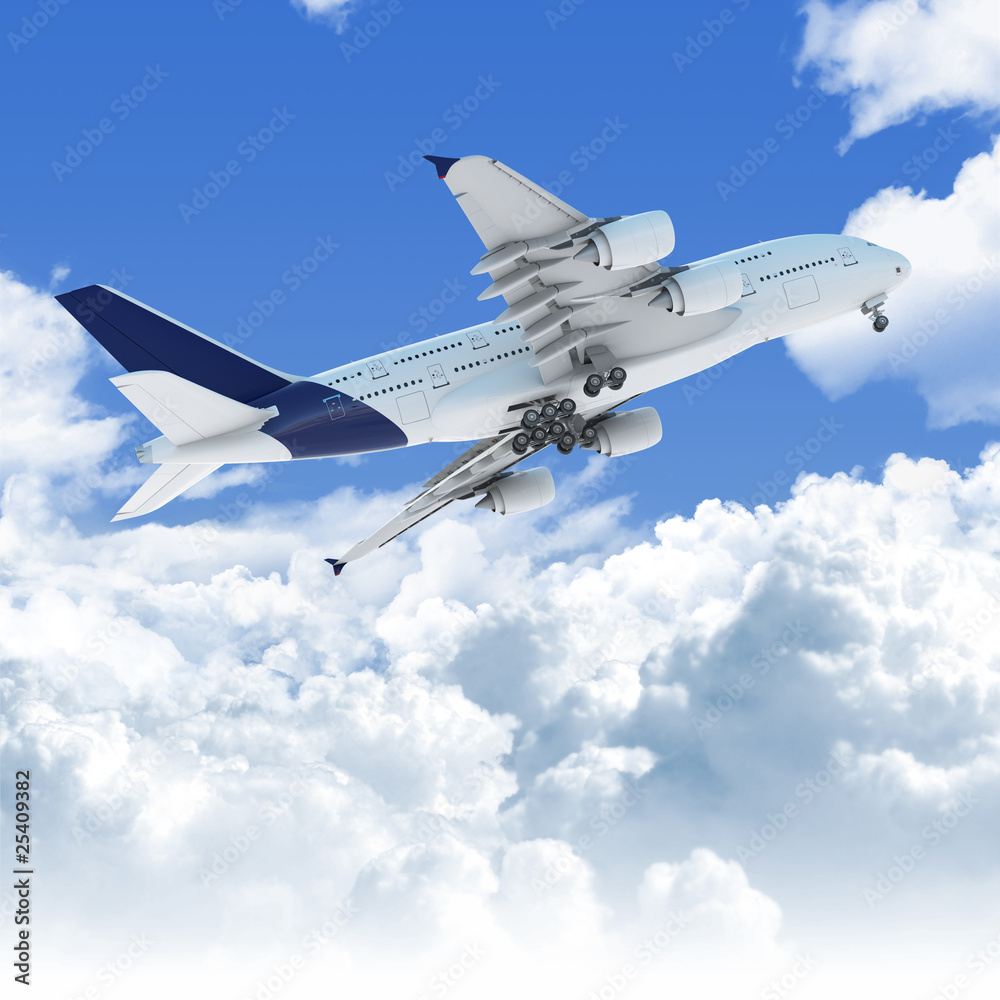 Obraz premium airplane flying over the clouds at takeoff bottom view