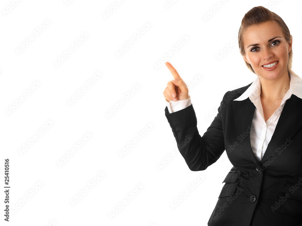 smiling business woman pointing finger on isolated on white smiling business woman pointing finger on isolated on white