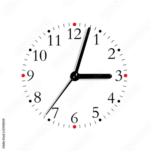 Black and white analogue clock face dial at 3:03, red dots, large detailed isolated macro closeup