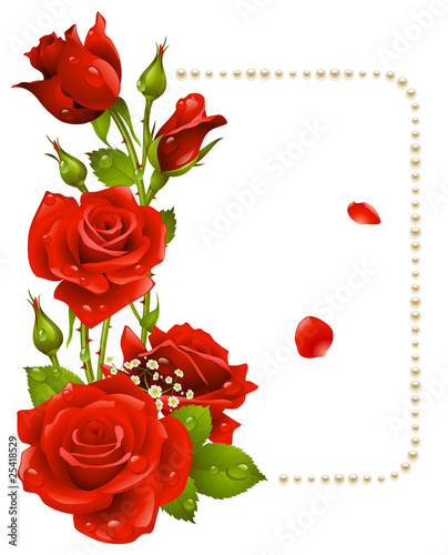 Vector red rose and pearls frame