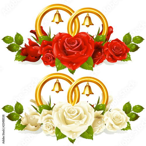 Wedding rings and bunch of roses