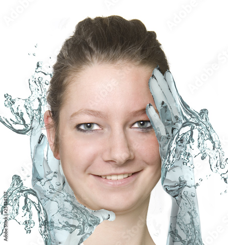 Women with water hands washing herself photo