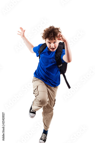 Boy jumping, running isolated on white background