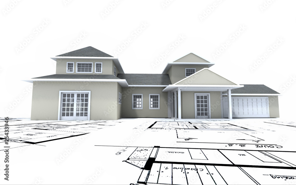 Residential building on top of blueprints Residential building on top of blueprints