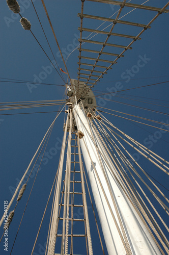 Mast from below with rigging of tall ship with sky in the background