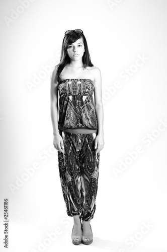black and white photo with beautiful young serious woman