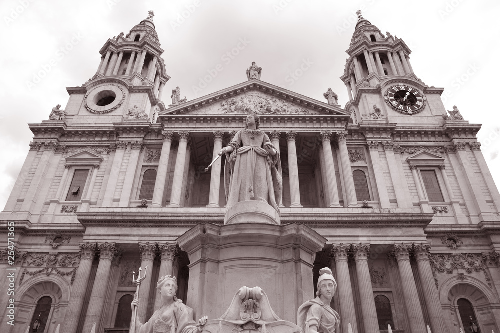 Main Facade of St Pauls Cathedral Church in London in Sepia Tone