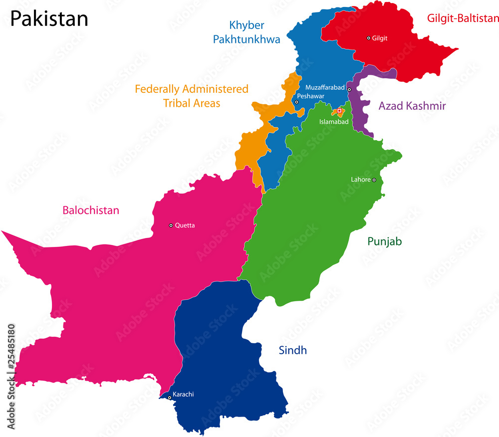 Map of Pakistan with the states colored in bright colors