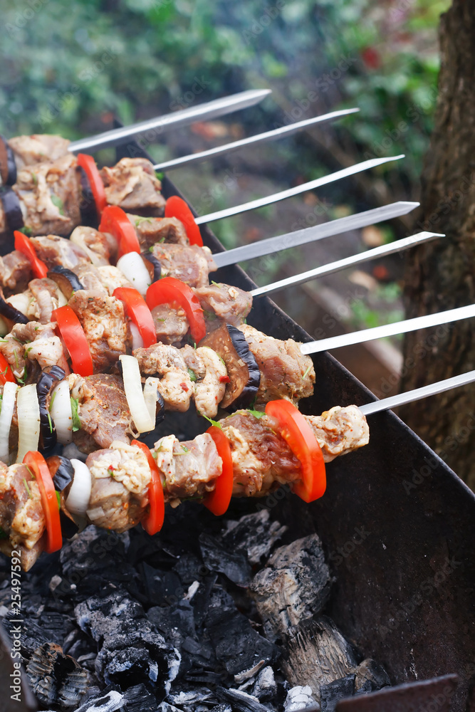 kebab grilled with vegetables on metal skewers