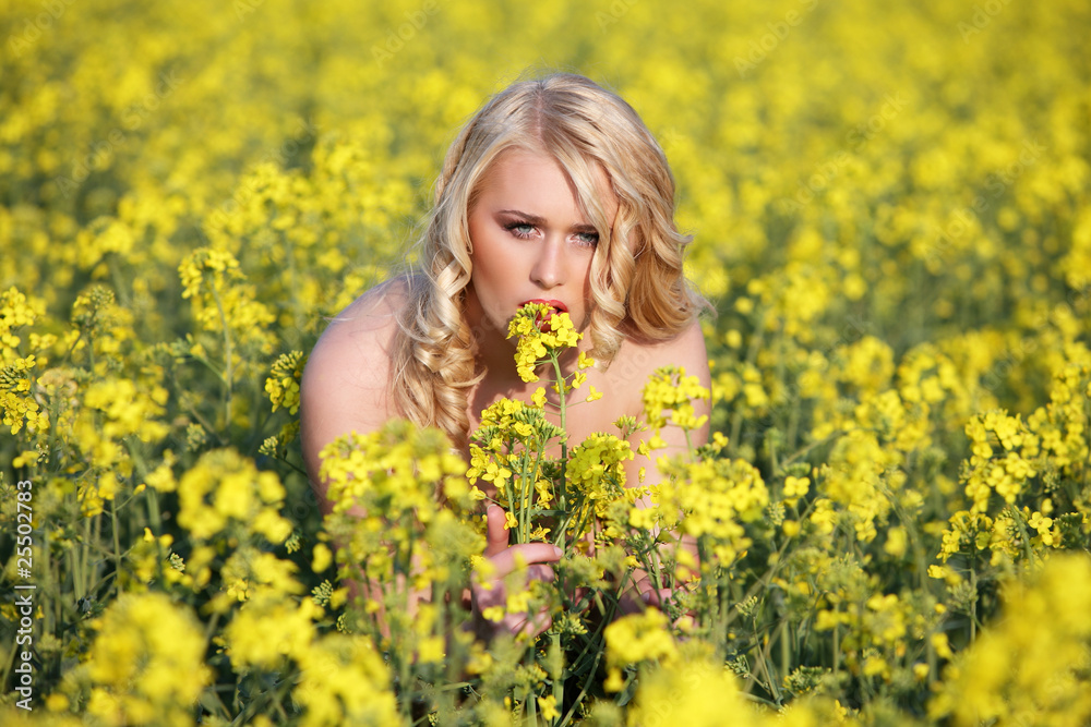 Beautiful young blonde woman in a field of wildflowers. Beautiful young blonde woman in a field of wildflowers.