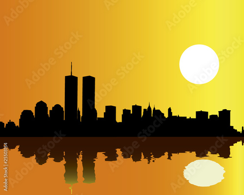 Towers twins against the orange sky