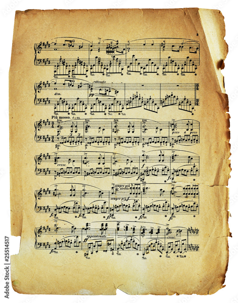 Ancient note sheet with notes isolated
