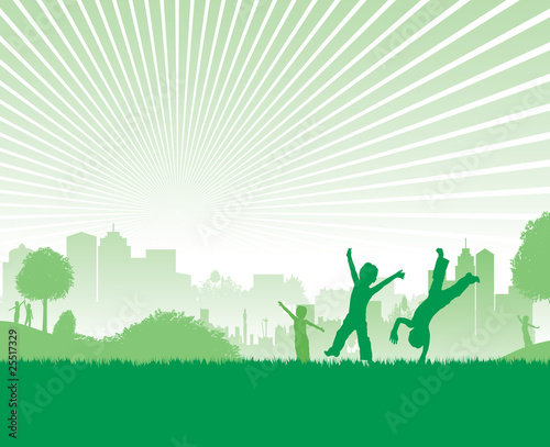 children plating on a cityscape background