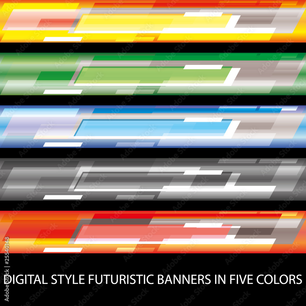 Digital style futuristic banners in five colors