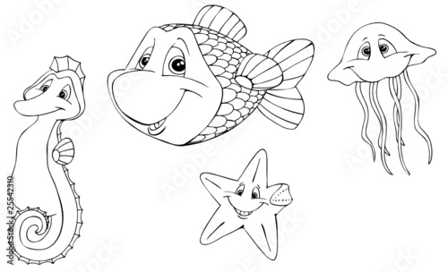 Fisch, Seepferdchen, Qualle, Seestern, Meer