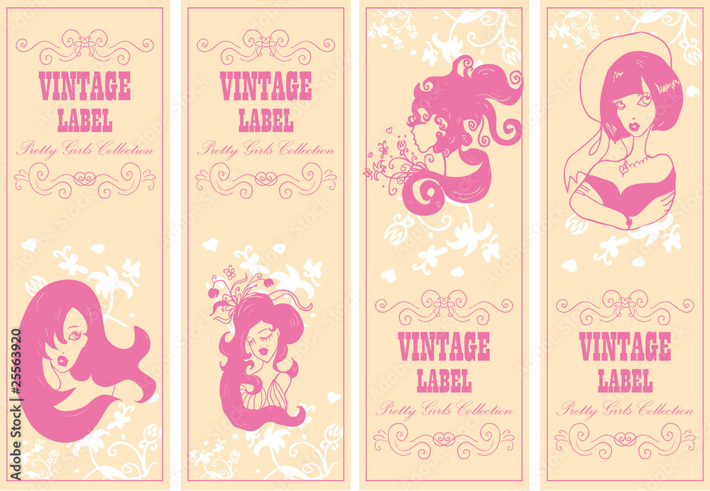 Vector vintage labels banner frame set with girls and flowers