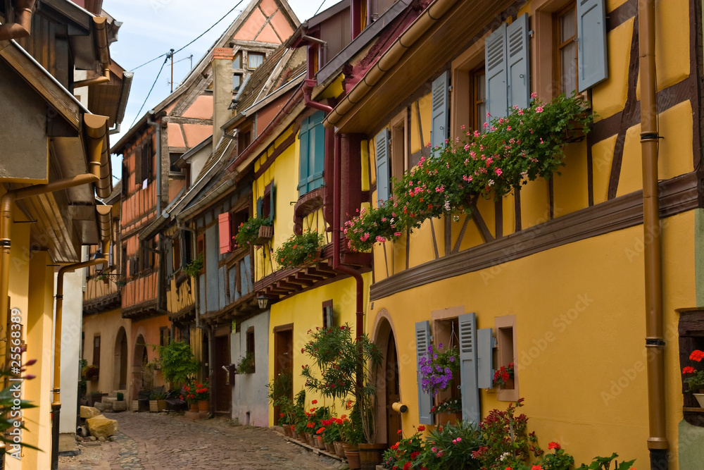 Timbered houses in the village of Eguisheim in Alsace, France