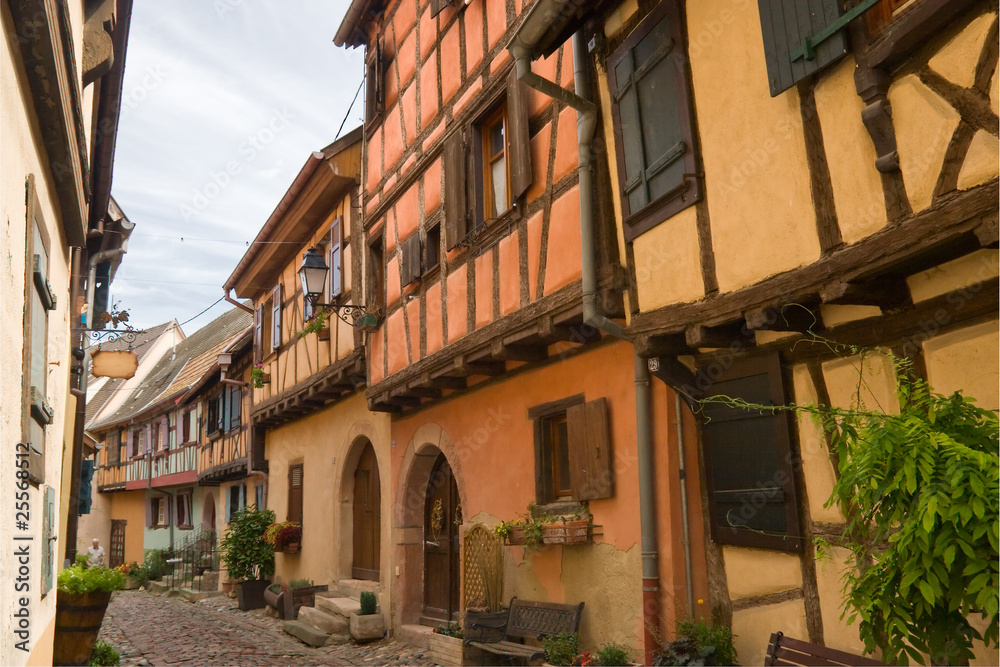 Timbered houses in the village of Eguisheim in Alsace, France