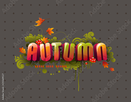 colorful autumn 3D headline with flying leaves and swirls