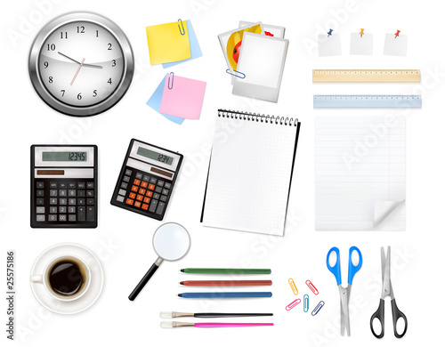 A clocks, calculators and some office supplies. Vector.