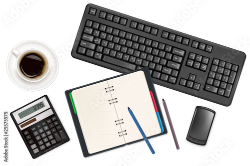 Keyboard and office supplies. Vector.