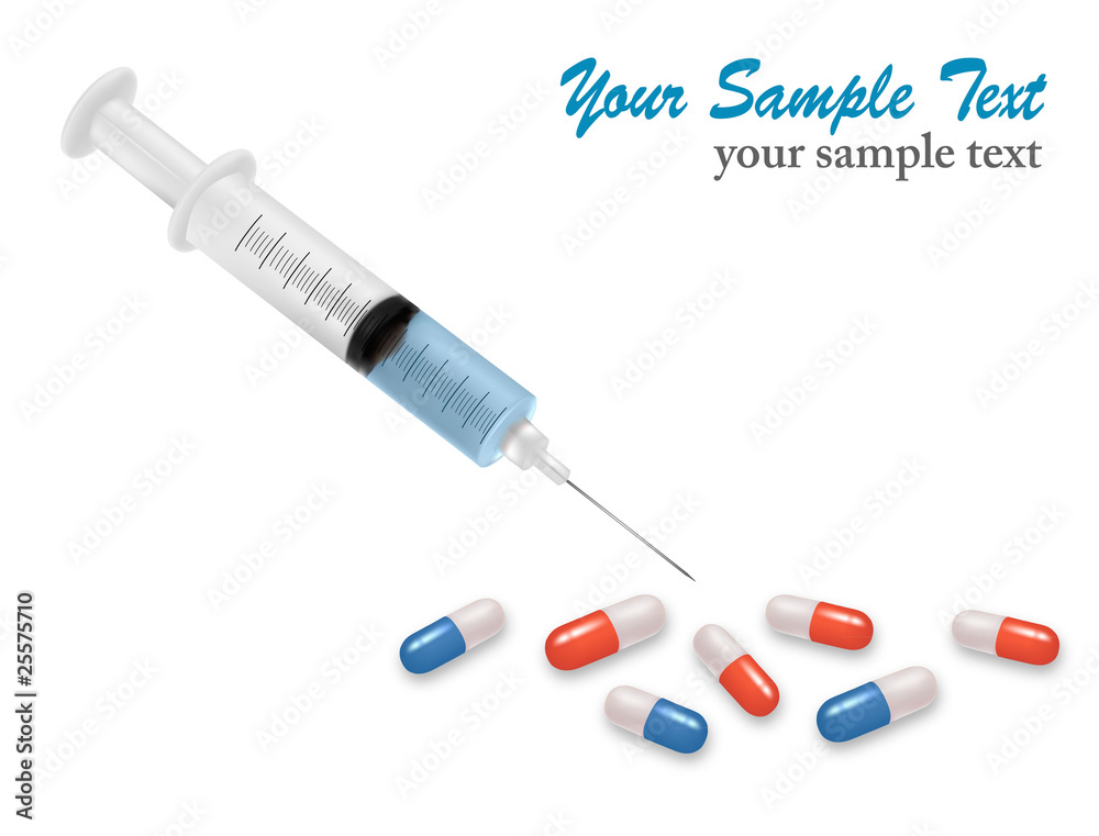 Syringe with needle and capsules. Vector. Syringe with needle and capsules. Vector.