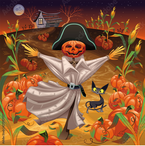 Scarecrow with pumpkins. Vector illustration. Isolated objects