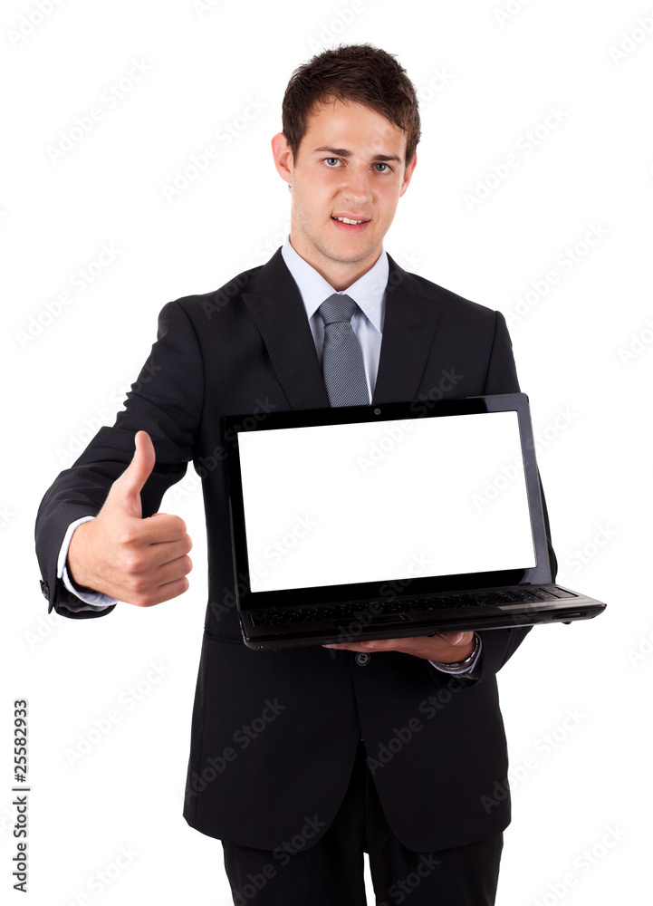 Young businessman holding laptop with thumbs up Young businessman holding laptop with thumbs up