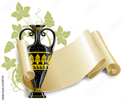 Antique amphora with grapes and old manuscript