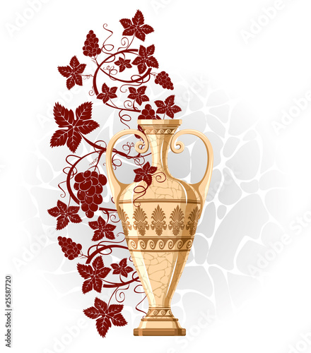 Antique amphora with grapes and leaf