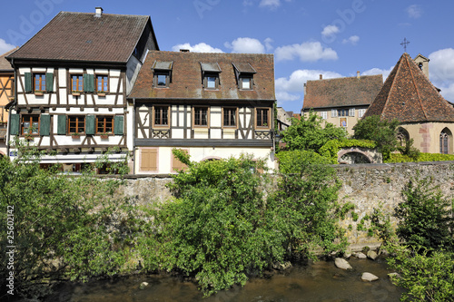Renowned view from bridge over river Weiss in Kaysersberg