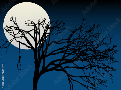 Spooky Full Moon highlight bare tree with hanging noose