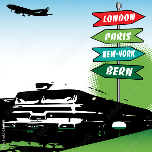 Train and directional signs