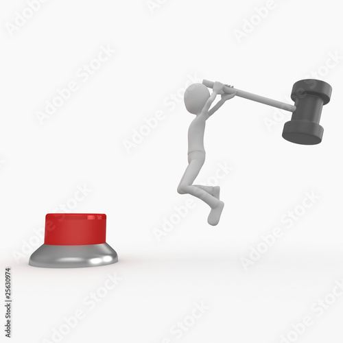 3d man with a red button and hammer