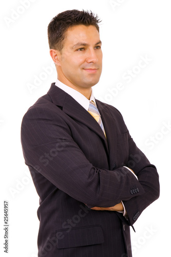 Portrait of a pensive young businessman, isolated on white