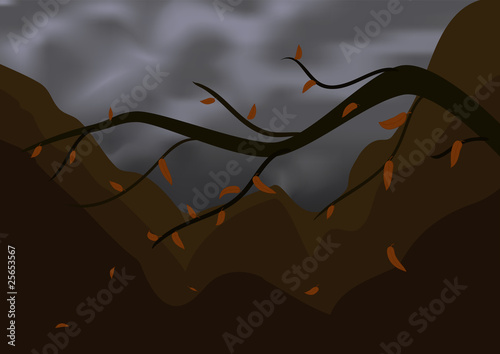 Autumn branch on a background mountains