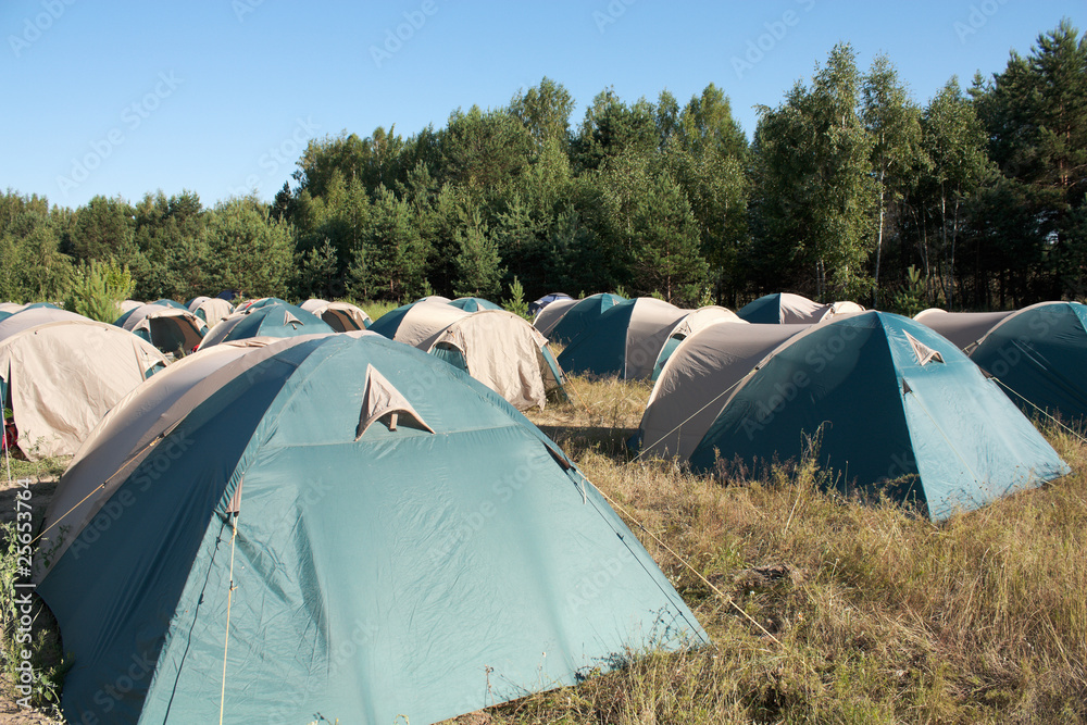 Camping. Many tents. Nobody. Summer.